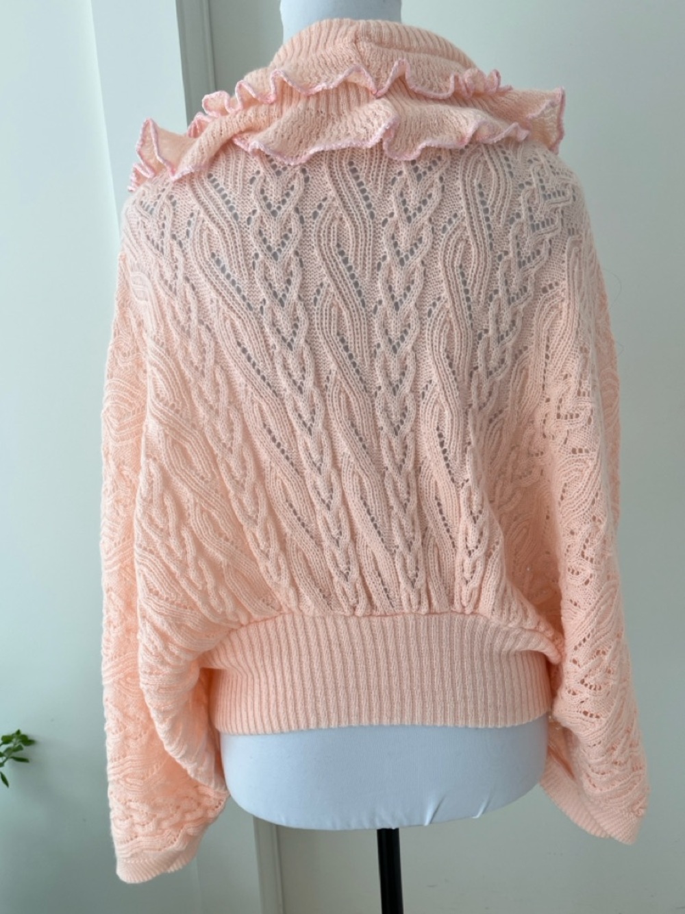 VINTAGE Eaton Batwing Lacy Cable Knit Cardigan Ruffles Feminine Romantic 70's - Picture 7 of 17